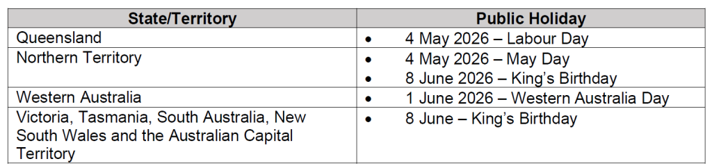 May and June 2026 Holidays Table